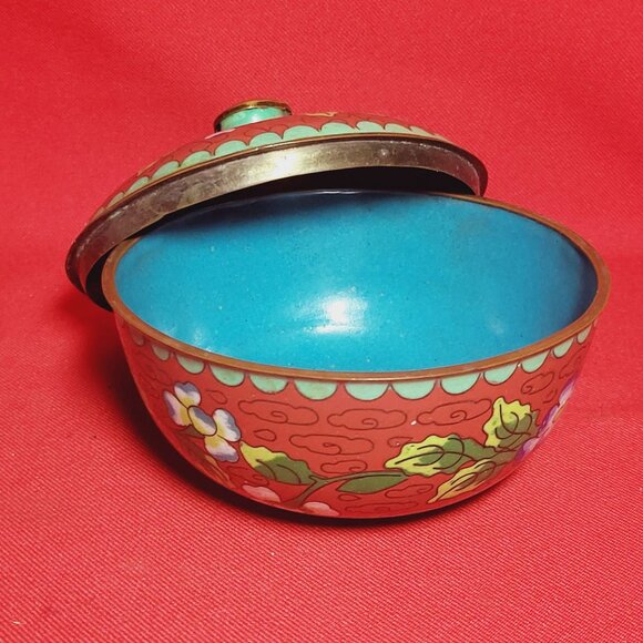 Vintage Cloisonné Brass Bowl With Lid Covered Red Dish - Picture 7 of 10